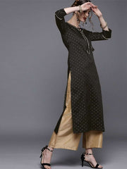 Black Polka dots Woven Kurta - Inddus.com