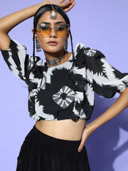 Black Polyester Printed Crop Top - Inddus.com