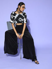 Black Polyester Printed Crop Top - Inddus.com