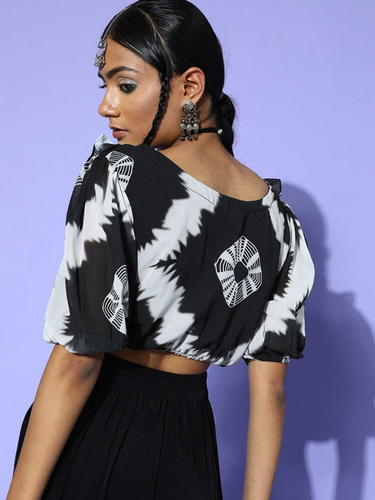 Black Polyester Printed Crop Top - Inddus.com