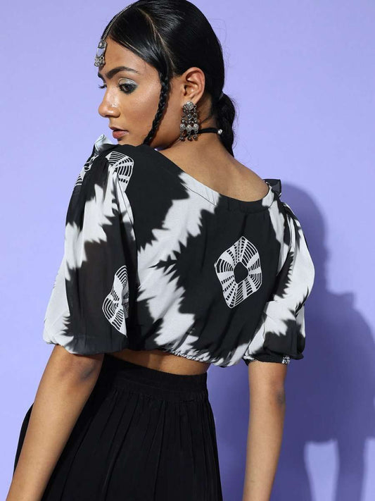 Black Polyester Printed Crop Top - Inddus.com