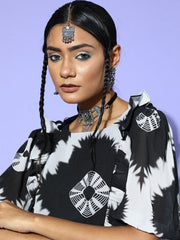 Black Polyester Printed Crop Top - Inddus.com