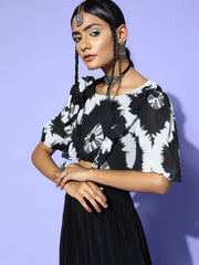 Black Polyester Printed Crop Top - Inddus.com