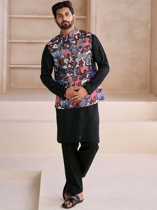 Black Printed Nehru Jacket - Inddus.com