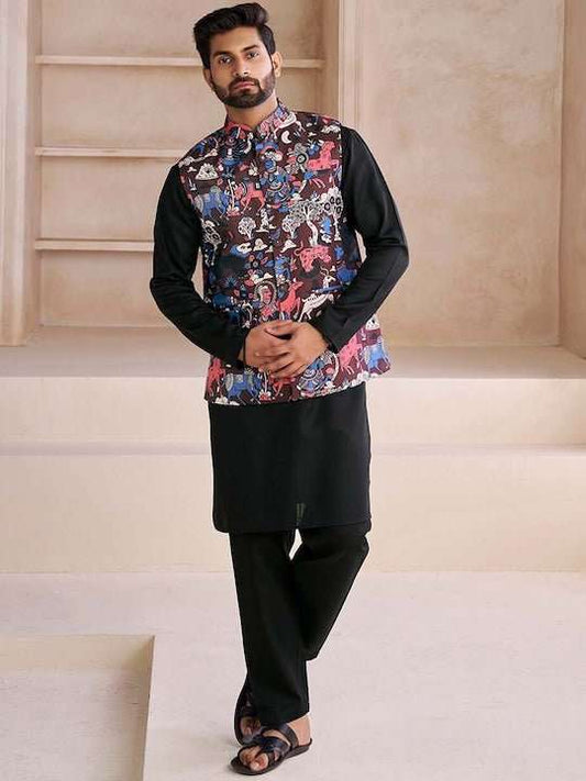 Black Printed Nehru Jacket - Inddus.com