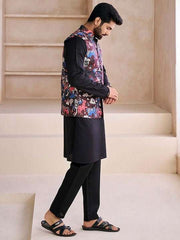 Black Printed Nehru Jacket - Inddus.com