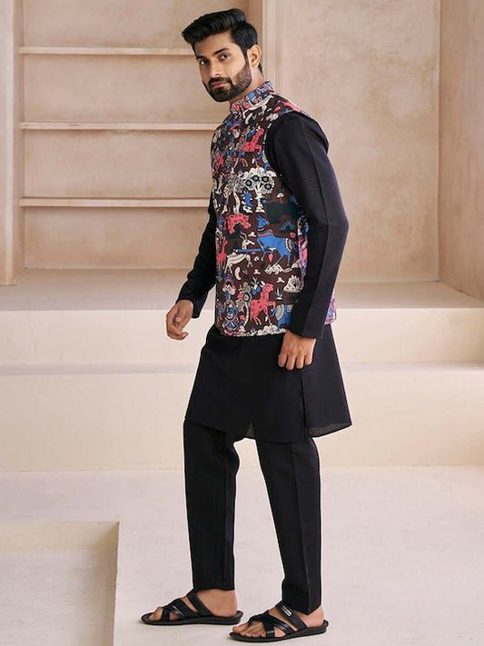 Black Printed Nehru Jacket - Inddus.com