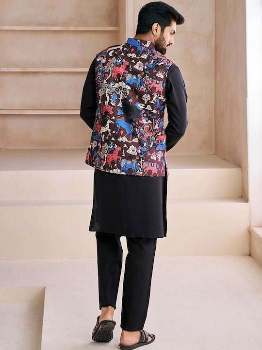 Black Printed Nehru Jacket - Inddus.com
