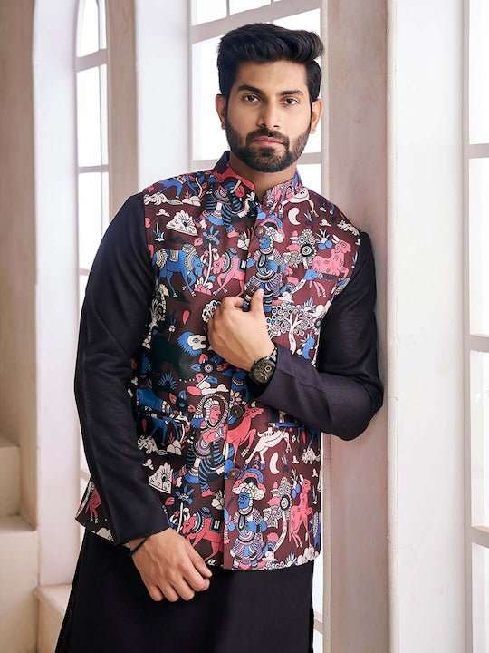 Black Printed Nehru Jacket - Inddus.com