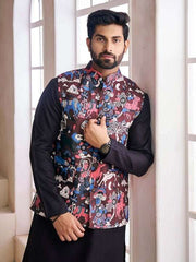 Black Printed Nehru Jacket - Inddus.com