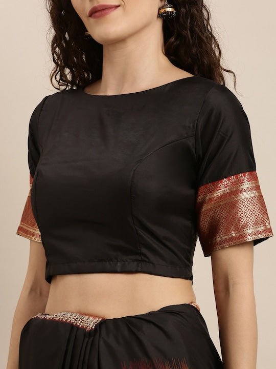 Black & Red Silk Blend Woven Design Saree - Inddus.com