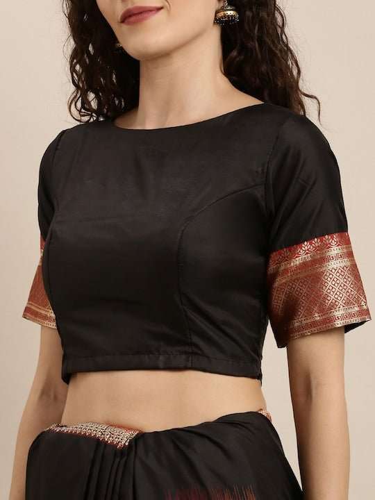 Black & Red Silk Blend Woven Design Saree - Inddus.com