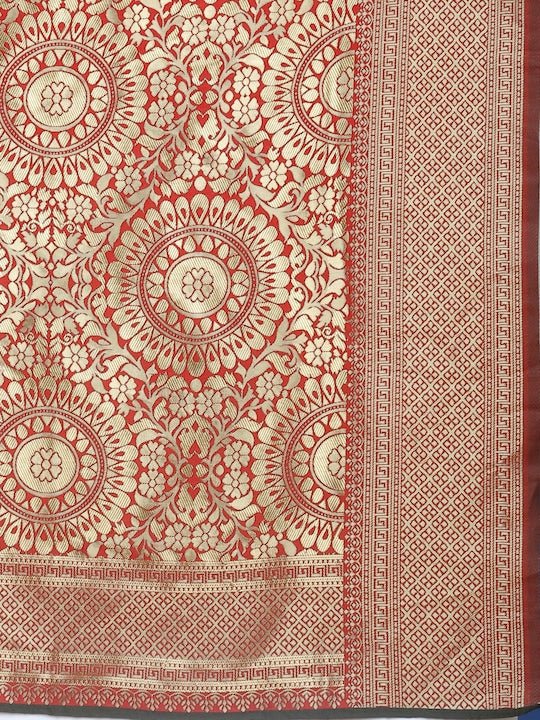 Black & Red Silk Blend Woven Design Saree - Inddus.com