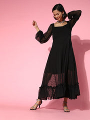 Black Self Design Ruffled Midi Gown - Inddus.com