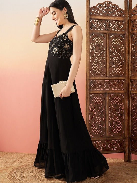 Black Sequence Embroidered Flared Maxi Ethnic Dresses - Inddus.com