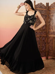 Black Sequence Embroidered Flared Maxi Ethnic Dresses - Inddus.com