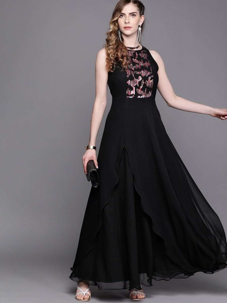 Black Sequinned Embroidered Party Gown - Inddus.com