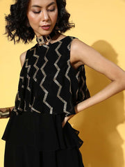 Black Sequinned Embroidered Top & Palazzo - Inddus.com