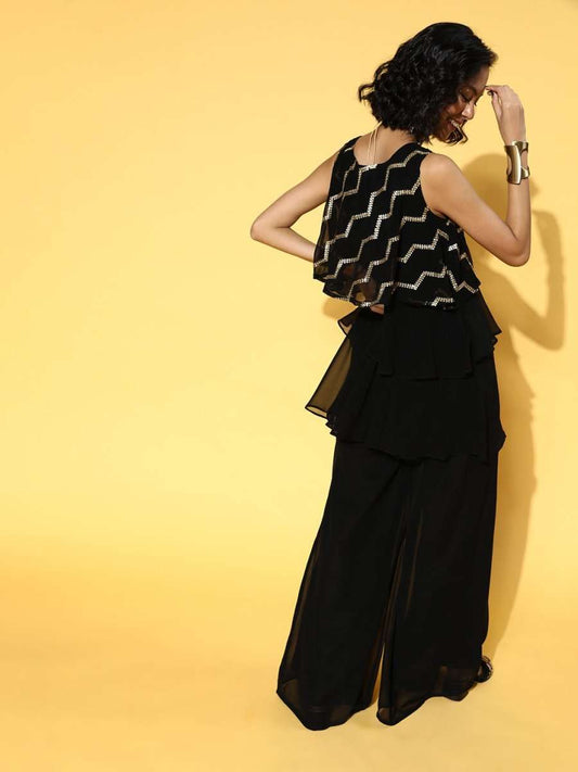 Black Sequinned Embroidered Top & Palazzo - Inddus.com