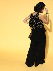 Black Sequinned Embroidered Top & Palazzo - Inddus.com