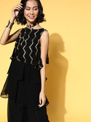 Black Sequinned Embroidered Top & Palazzo - Inddus.com