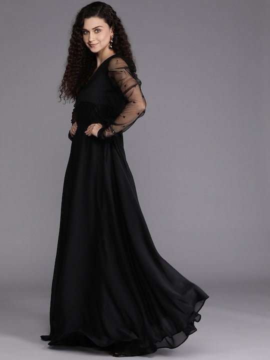 Black Sequins Embroidered Ethnic Gown - Inddus.com