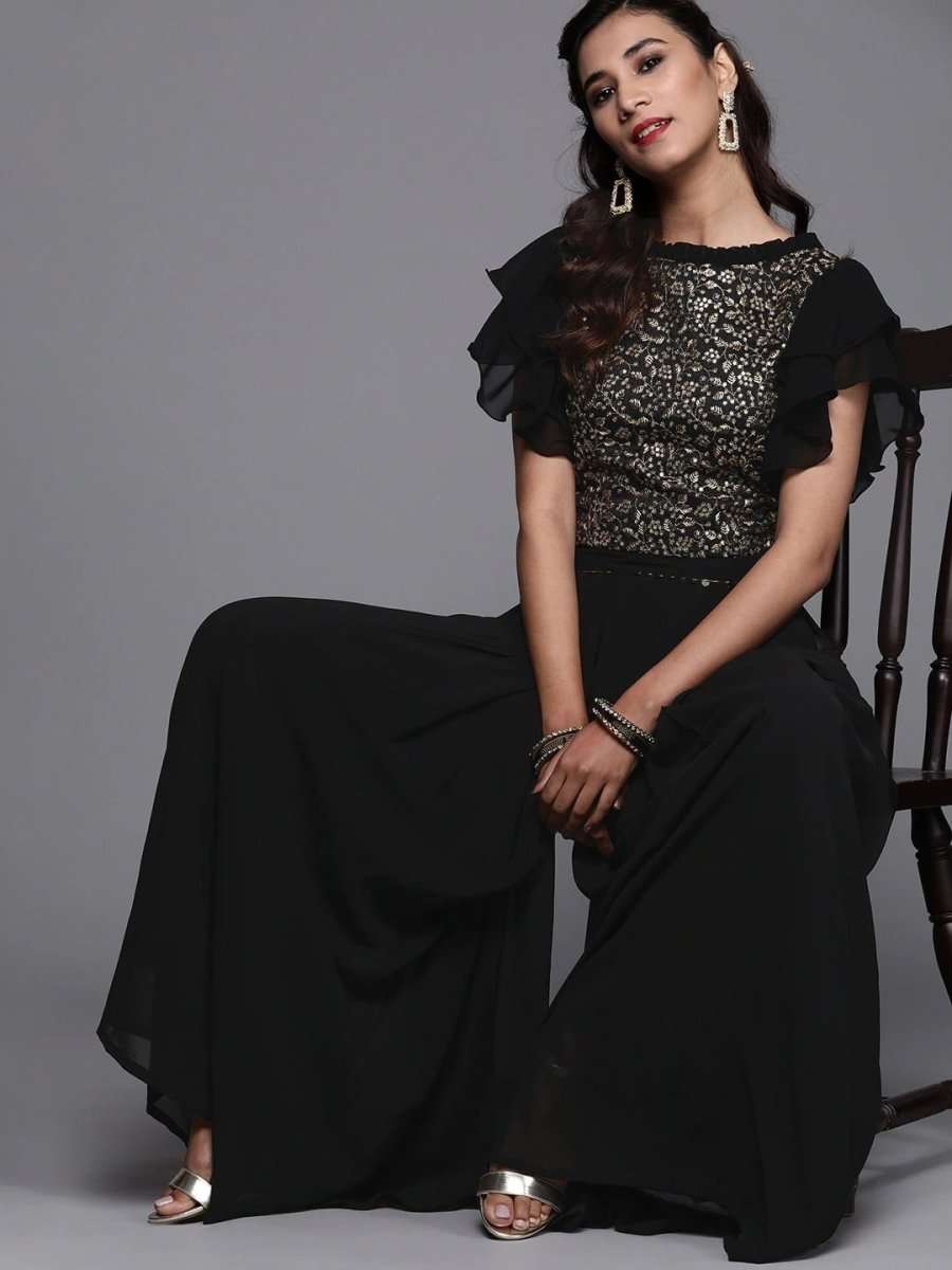 Black Silk Blend Embellished Palazzo Style Suit - inddus-us
