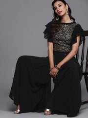 Black Silk Blend Embellished Palazzo Style Suit - inddus-us