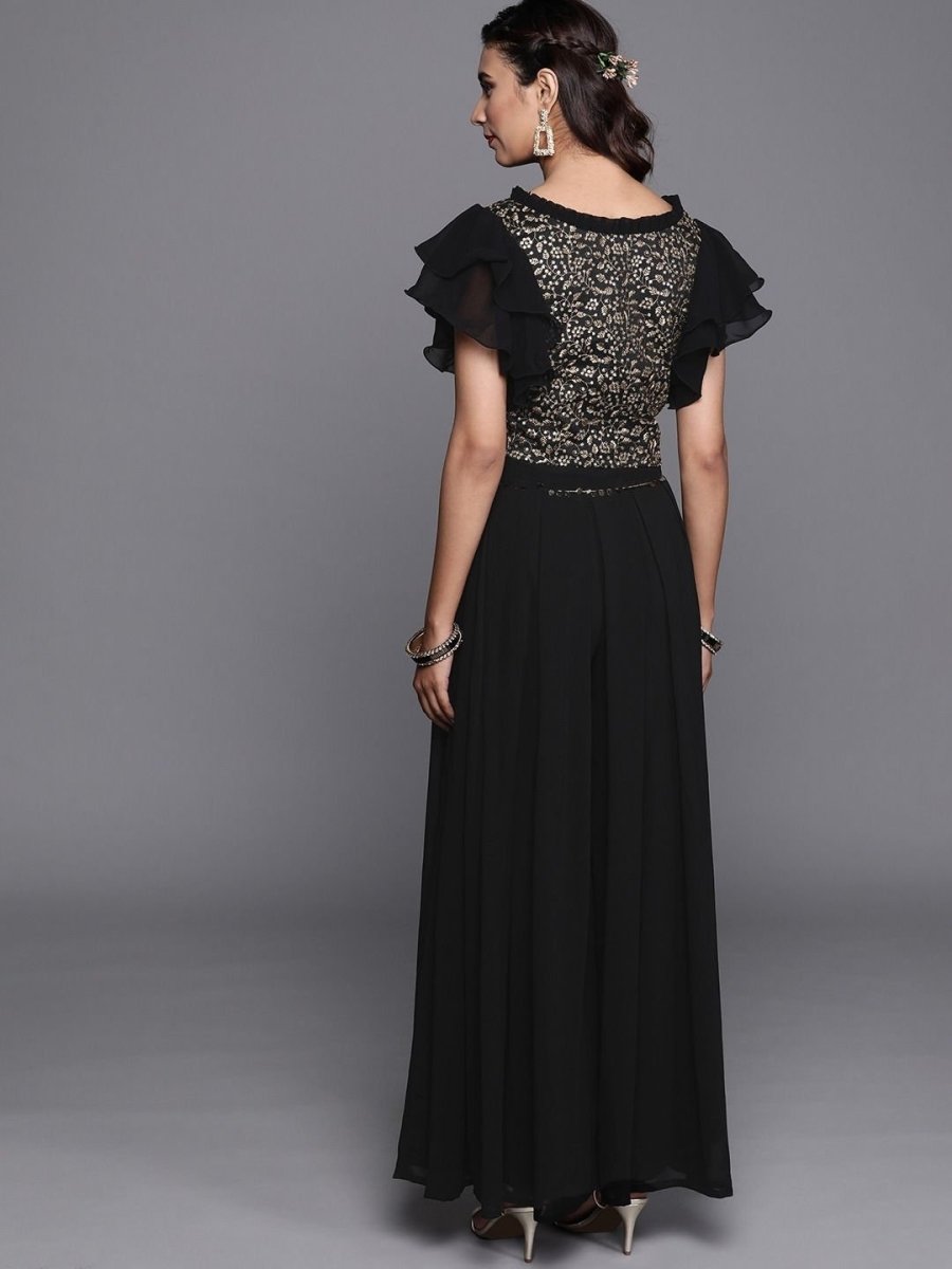 Black Silk Blend Embellished Palazzo Style Suit - inddus-us