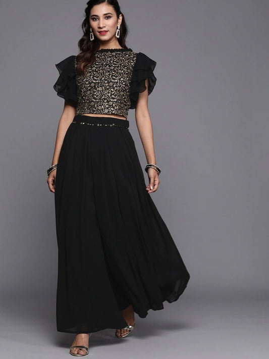 Black Silk Blend Embellished Palazzo Style Suit - inddus-us
