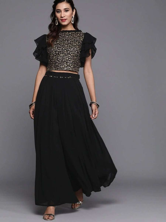 Black Silk Blend Embellished Palazzo Style Suit - inddus-us
