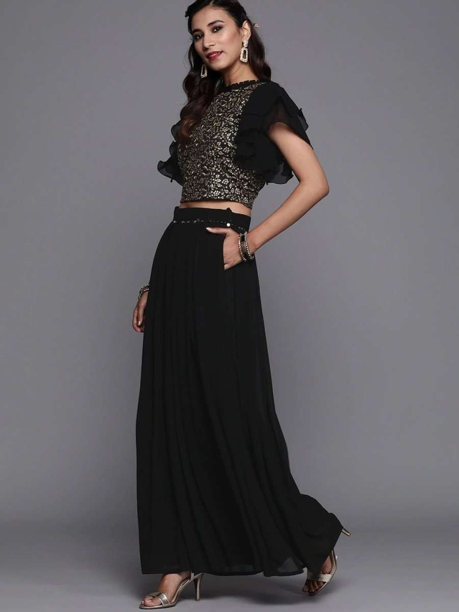 Black Silk Blend Embellished Palazzo Style Suit - inddus-us