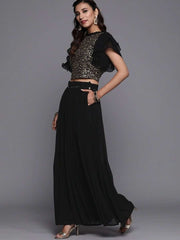 Black Silk Blend Embellished Palazzo Style Suit - inddus-us