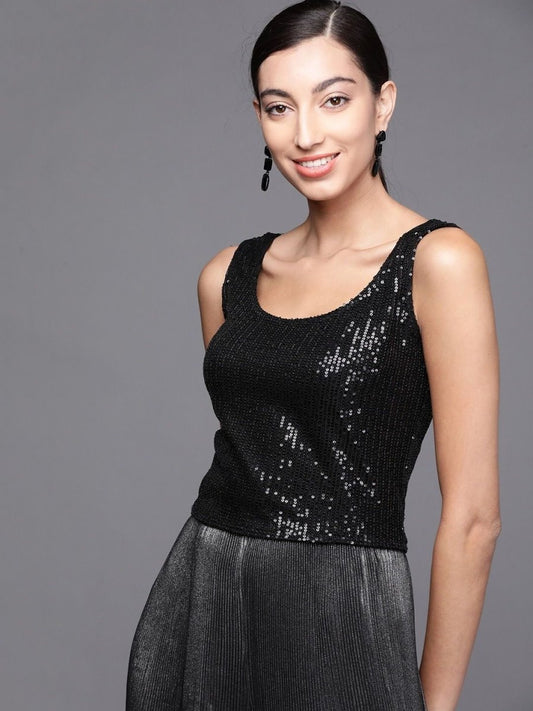 Black Silk blend Sequins Crop Top - inddus-us