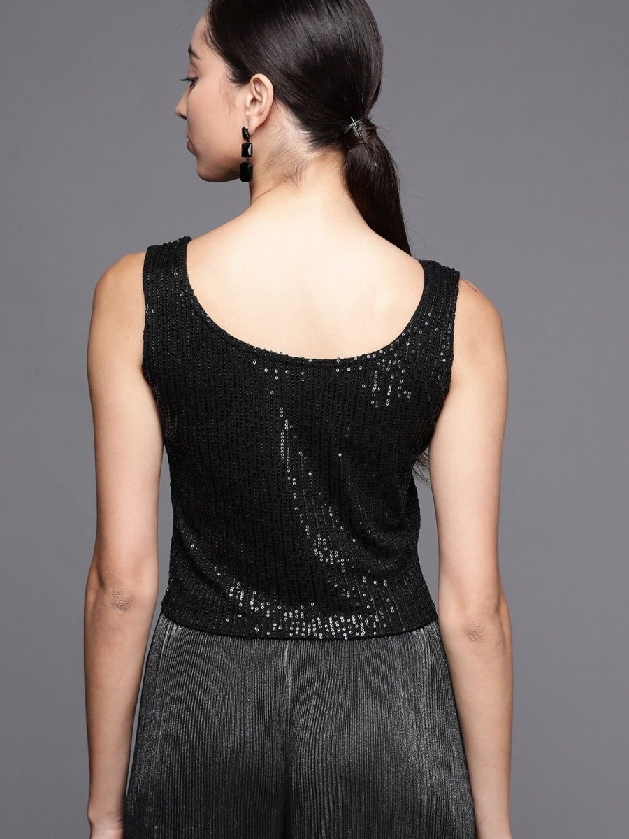 Black Silk blend Sequins Crop Top - inddus-us