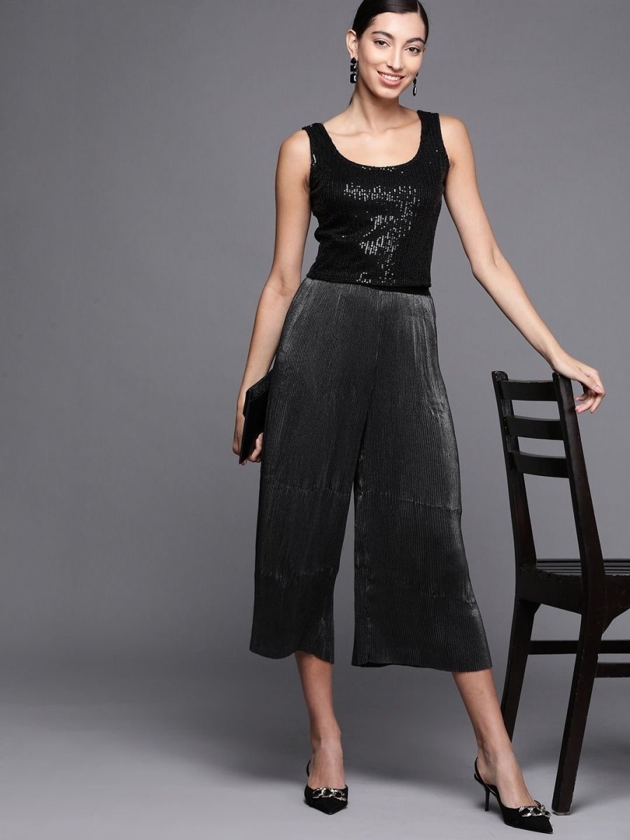 Black Silk blend Sequins Crop Top - inddus-us