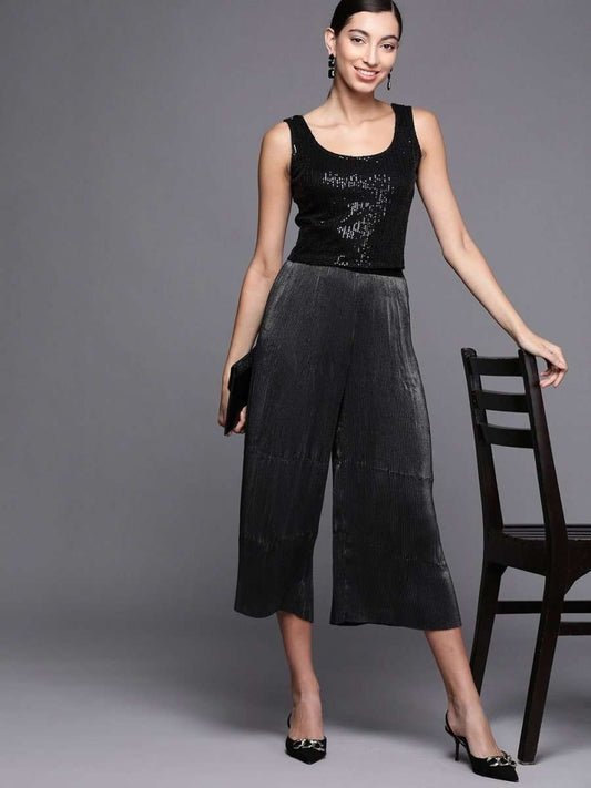 Black Silk blend Sequins Crop Top - inddus-us