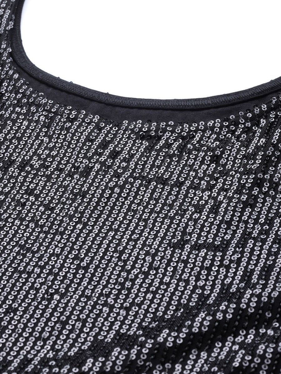 Black Silk blend Sequins Crop Top - inddus-us