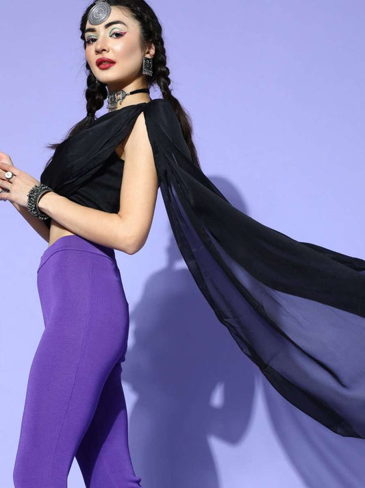 Black Silk Blend Solid Crop Top - Inddus.com