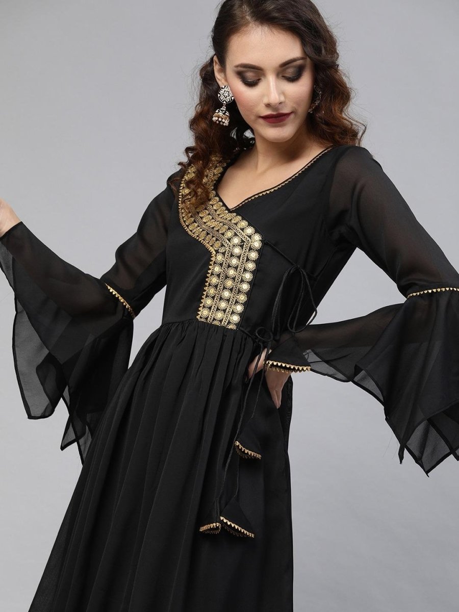 Black Silk Blend Solid Fit & Flared Maxi Gown - inddus-us