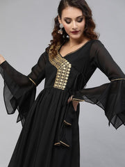Black Silk Blend Solid Fit & Flared Maxi Gown - inddus-us