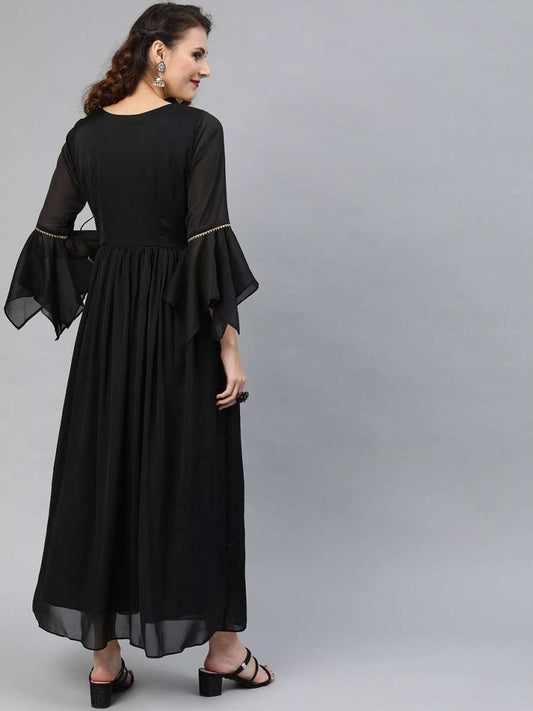 Black Silk Blend Solid Fit & Flared Maxi Gown - inddus-us