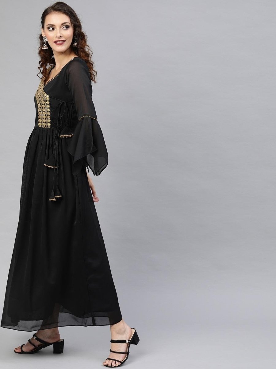 Black Silk Blend Solid Fit & Flared Maxi Gown - inddus-us