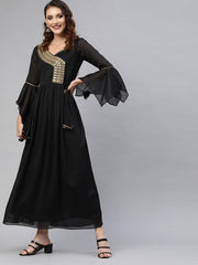 Black Silk Blend Solid Fit & Flared Maxi Gown - inddus-us