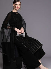Black Silver Embellished Kurta with Palazzo and Net Dupatta - inddus-us