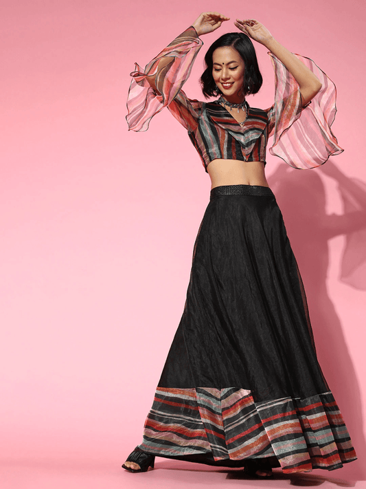 Black Skirt with Multi Printed Stripped Top - Inddus.com