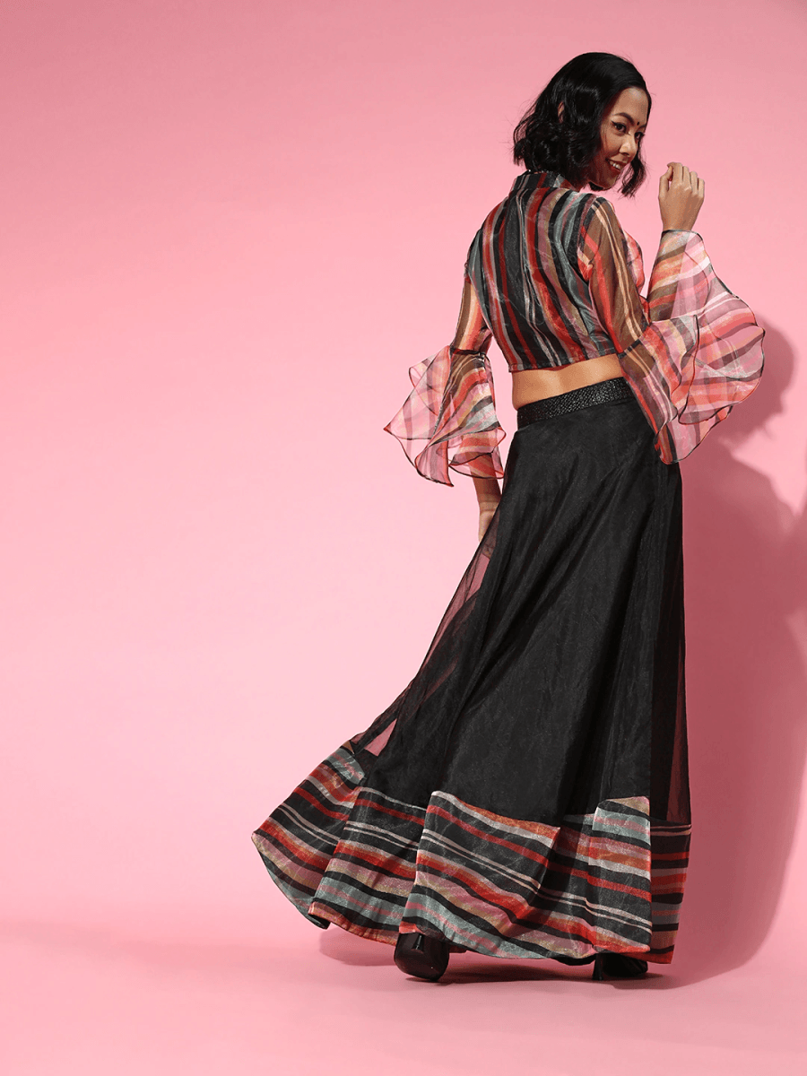 Black Skirt with Multi Printed Stripped Top - Inddus.com