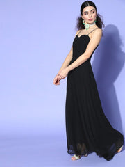 Black Solid Gown with Embroidered Jacket - Inddus.com