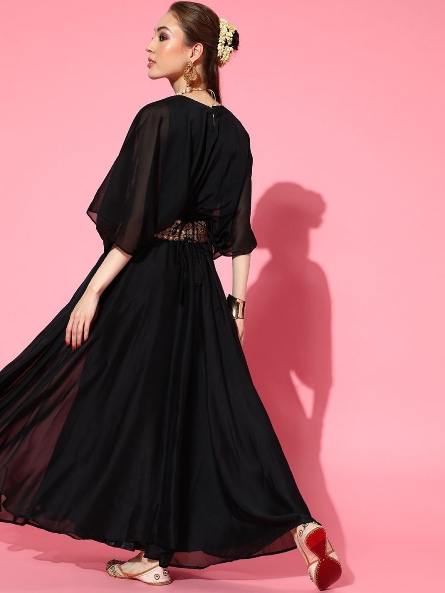 Black Solid Pleated Party Gown with Embroidered Belt - inddus-us