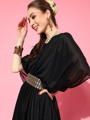 Black Solid Pleated Party Gown with Embroidered Belt - inddus-us